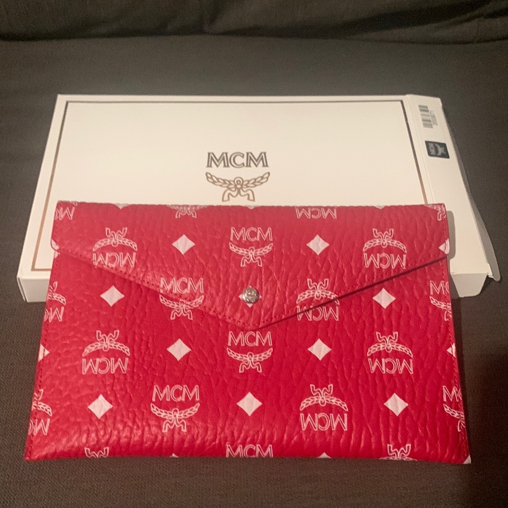 Brand NEW red & white envelope MCM clutch
